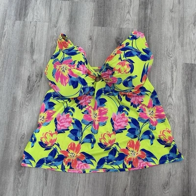 Cacique Swim Suit Top Tankini Womens Plus Size 44G Green Pink Floral Lane Bryant - Image 1 of 4