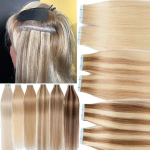 Thick 200G Tape in Virgin Human Hair Extensions Invisible Skin Weft Highlight - Picture 1 of 71