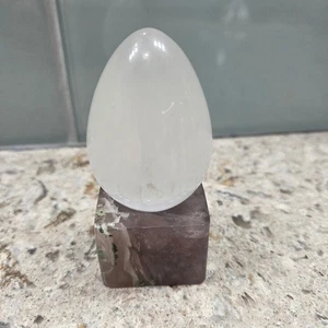 Selenite Crystal Egg With Stand Home Decor White Pretty Polished - Picture 1 of 6