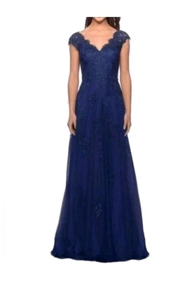 La Femme Marine Blue Lace Embellished Ball Gown, Size 18, Item #10641500 - Image 1 of 4