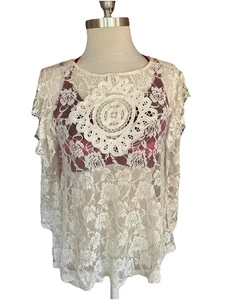 Lace Cottagecore Fairycore Semi Sheer Boho Flutter Top Blouse Large Umgee*Note - Picture 1 of 11