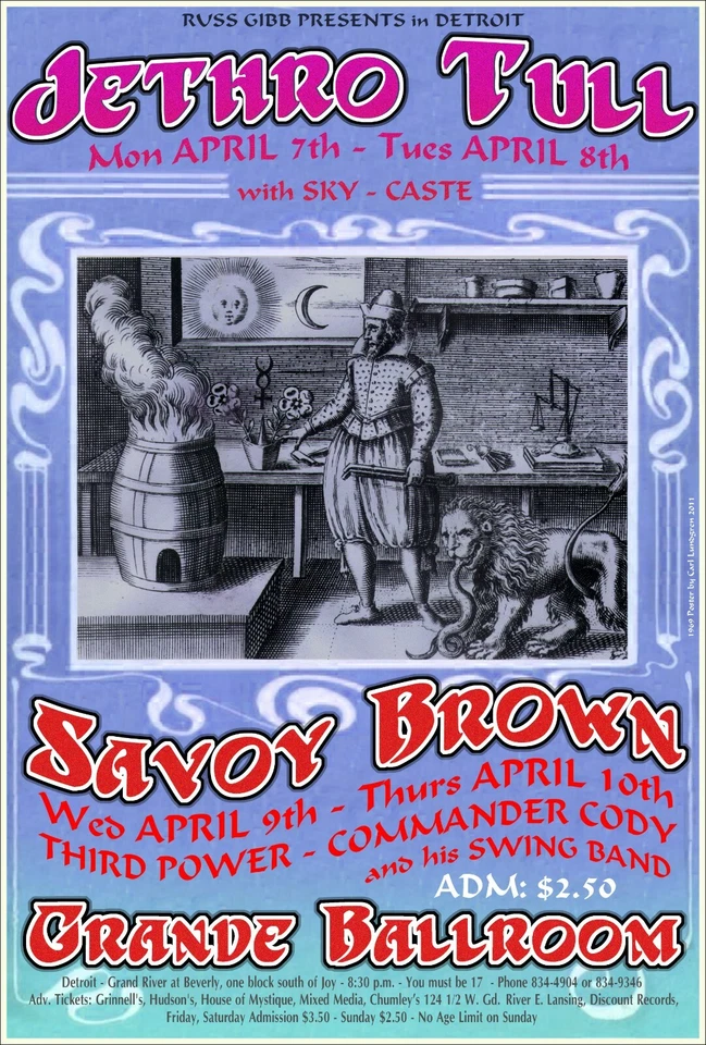 JETHRO TULL SAVOY BROWN GRANDE BALLROOM  ORIGINAL POSTER BY CARL LUNDGREN - Image 1 of 1