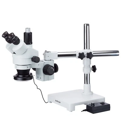 AmScope 3.5X-45X Boom Stand Trinocular Zoom Stereo Microscope + 144-LED - Image 1 of 4