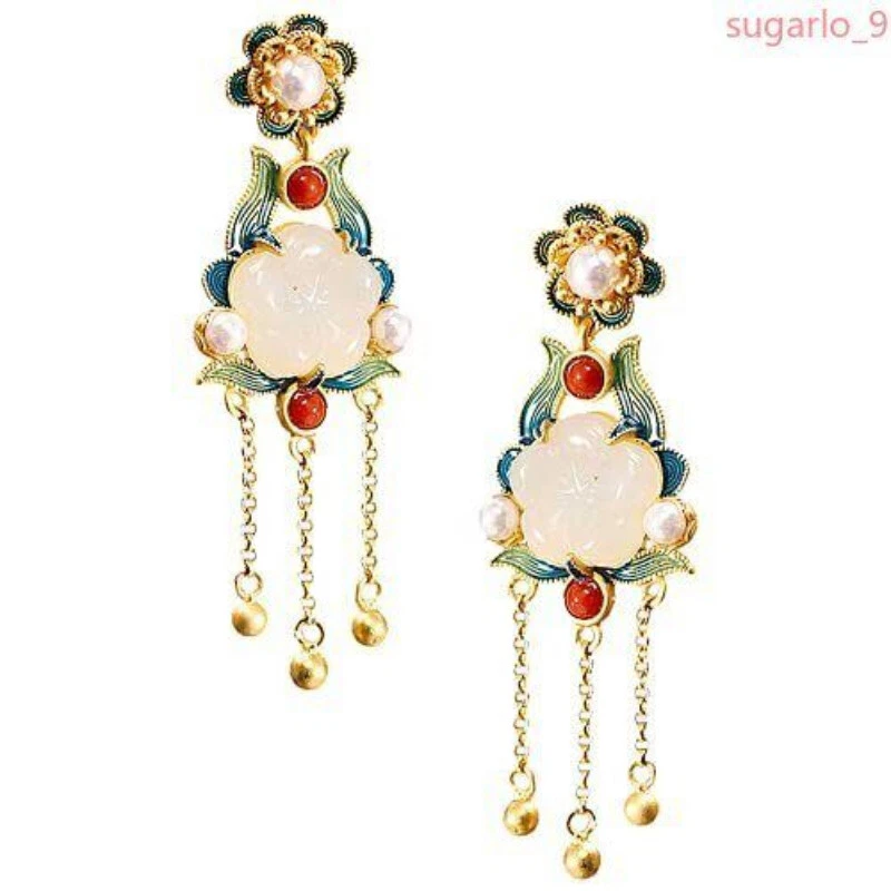 Pendientes de borla de jade blanco hetiano natural retro chino joyería para mujer Foto 1 de 1