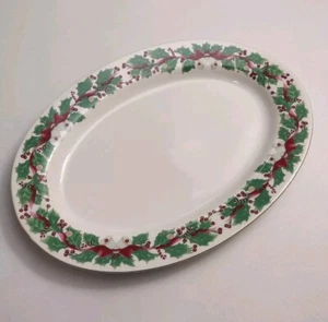 Vintage 1990 Sango 8415 Christmas Holly Oval Platter 14" Bells Candy Cane Gold - Picture 1 of 9