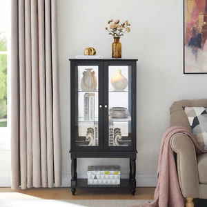 Curio Cabinet Lighted Curio Display Cabinet with Open Storage Space,Solid Wood - Picture 1 of 16