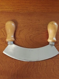 MEEZZALUNA Double-Handle Knife Stainless Steel Blade Wood Rocking Mincing Chop  - Picture 1 of 10