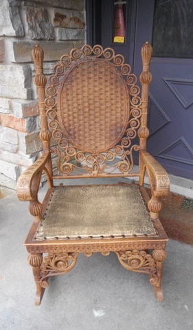 Antique Heywood Wakefield Victorian Wicker Rocking Arm Chair Rattan Seat 1800s Cover