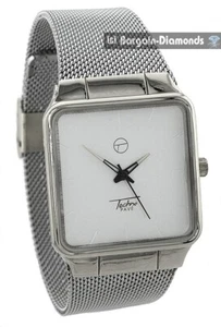 Mens Silver tone Square Clubbing Watch White Dial Mesh Strap 6"-8.5" - Picture 1 of 9
