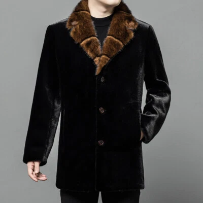 Men's Winter Mink Fur Coat Fur Suit Lapel Collar Single Breasted Warm Fur Jacket - Image 1 of 4