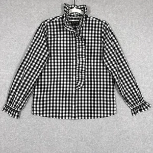 J Crew Top Womens 2 Cottage Cotton Poplin in Gingham Black White Ruffle Button - Picture 1 of 14