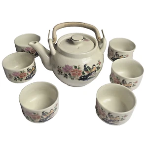 VTG Japan Kutani Tea Set Birds & Flower Pattern Bamboo Handle Teapot and 6 Cups - Picture 1 of 18