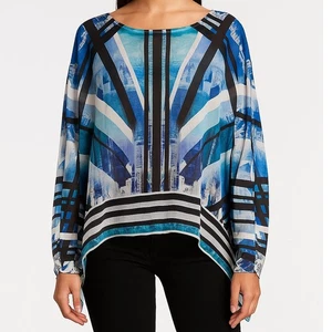 Style & Co. Petite Medium PM Blue White Black Polyester Top  - Picture 1 of 7