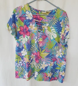 Top para mujer Caribbean Joe XL multicolor floral cuello en V manga corta - Imagen 1 de 5