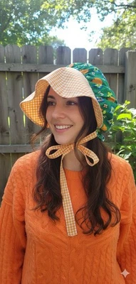 VTG Pioneer Prairie Bonnet Floral Gingham Orange Sun Hat Colonial Hobbie Green - Image 1 of 4