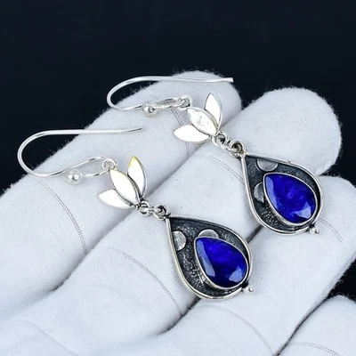 Zaffiro Blu Creato IN Laboratorio Gemma Orecchini 925 Argento Gioielli Per - Immagine 1 di 4