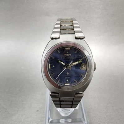 Technos Star Watch Women 24mm Blue Dial Silver Tone Date Automatic Runs VTG - Image 1 of 4