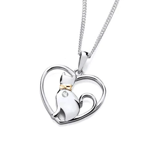 925 Sterling Silver & Gold Simulated Diamond CAT Pendant Necklace 16 18 20" - Picture 1 of 12