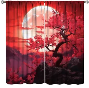 Cherry Curtains, Cherry Blossom Cherry Tree Branches on Moon Japanese Style I... - Picture 1 of 8