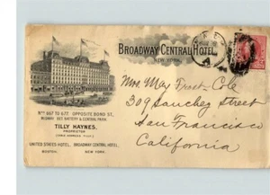 1894 BROADWAY Central Hotel Illustration , New York/ Boston, sent to San Francis - Picture 1 of 1