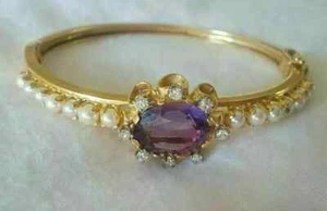 Vintage Style 14K Yellow Gold Finish Lab Created Amethyst Pearl Bangle Bracelet - Picture 1 of 5
