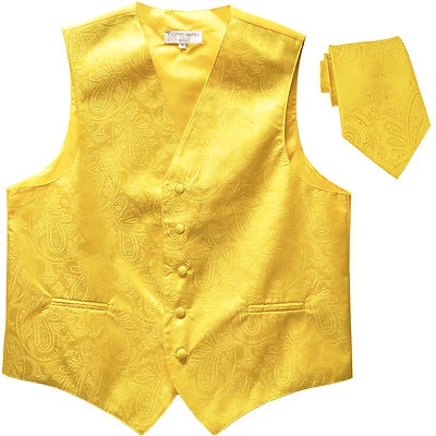 New Men's Formal Vest Tuxedo Waistcoat_necktie paisley pattern wedding yellow - Image 1 of 3