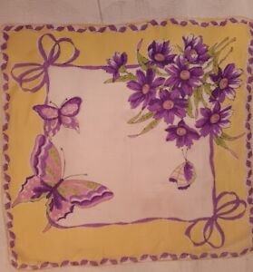 Purple Posies & Butterflies on Yellow Handkerchief