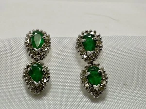14K White Gold Natural Emerald Stud Earrings Diamond Halo Butterfly Back 2.10TCW - Picture 1 of 7