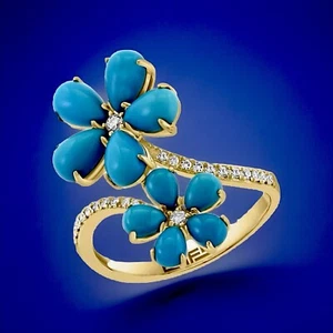 NEW! EFFY 14K GOLD TURQUOISE & DIAMOND FLOWER RING/ SIZE 7/ MSRP $3,500 - Foto 1 di 6