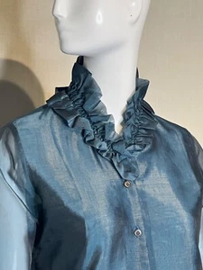 ROMEO GIGLI Iridescent Sheer Sapphire Blue Organza Ruffled Blouse Size 4 US - Picture 1 of 14