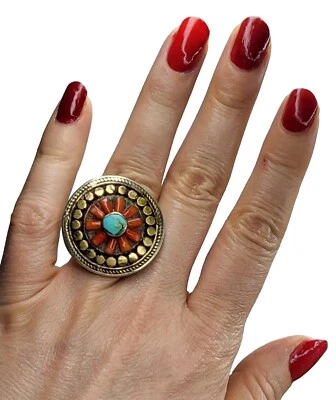 Turquoise & Coral Mosaic 925 Silver Plated Tibetan Ring - Image 1 of 4