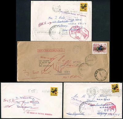 NEW ZEALAND POSTMAN CACHETS NO BOX RURAL BELL BLOCK FITZROY OKATO...4 ENVELOPES - Image 1 of 2