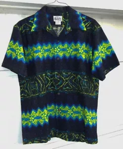 Vtg BARKCLOTH Hawaiian Shirt Blue Black NEON Green TRIBAL 1950s Margolis Sz L - Picture 1 of 12