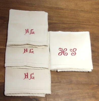 Lot 4 essuie mains torchons vintage/Monogramme HG/old Embroidered napkin - Photo 1/4