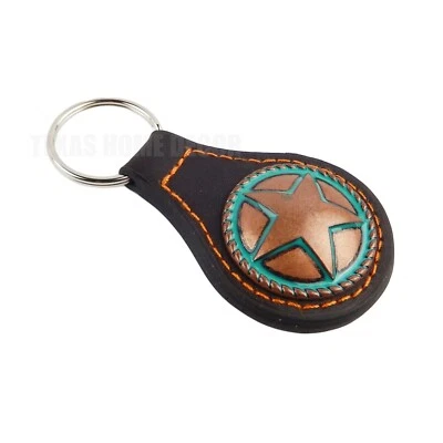 Brown Leather Key Fob Texas Solid Star Copper Concho Turquoise Enamel - Image 1 of 3