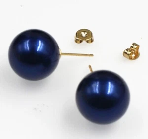 Huge 14 mm Round White/Blue Shell Pearl Earrings 18KGP - Picture 1 of 9