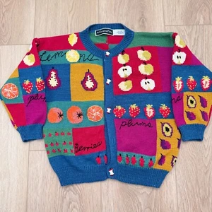 VTG Christine Foley Girls Colorful Apples Plums Fruit Knit Cardigan Sweater 7/8* - Picture 1 of 6