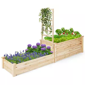Raised Garden Bed w/Trellis Open-ended Bottom 2tier Wood Rectangular Planter Box - Picture 1 of 11