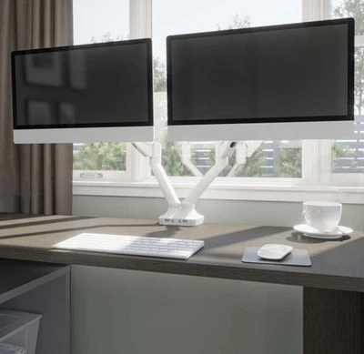 NEW Bestar Universel Dual Monitor Arm with Pistons - White - AK-MA01D-17 - Image 1 of 4