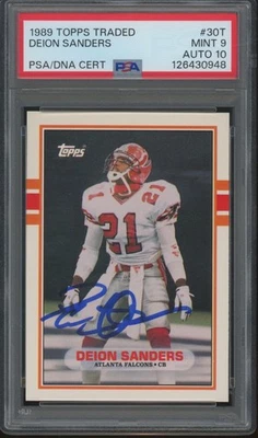 1989 Topps Traded #30T Deion Sanders RC Rookie Mint PSA 9 10 Auto - Image 1 of 2