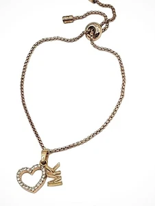 Michael Kors Rose Gold Tone Adjustable Bracelet w Heart MK Charms Pavé Crystals  - Picture 1 of 6