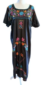 Nativa Women's Embroidered Black Puebla Dress Size XL Short Sleeve 52” Long - Picture 1 of 15
