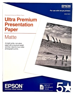 Epson Ultra Premium Presentation Paper Matte, 8.5" x 11" 50 Sheets 51 lb Ink Jet - Image 1 of 2