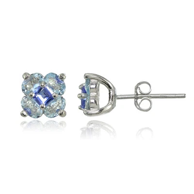 Sterling Silver Aquamarine and Tanzanite Flower Stud Earrings - Image 1 of 4
