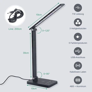 LED Schreibtischlampe 7W dimmbar USB Qi Wireless Ladegerät Touch Schwarz Faltbar - Bild 1 von 11