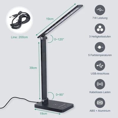 LED Schreibtischlampe 7W dimmbar USB Qi Wireless Ladegerät Touch Schwarz Faltbar - Bild 1 von 4