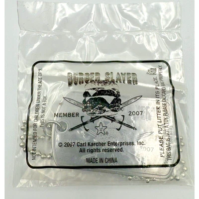 2007 Carl's Jr. Restaurants Burger Slayer dog tag necklace with chain SEALED - Image 1 of 4