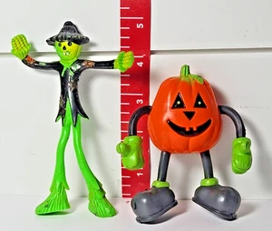 2 Vtg. Bendable Halloween Toy Green Scarecrow  & Jack o Lantern with green glove - Picture 1 of 4