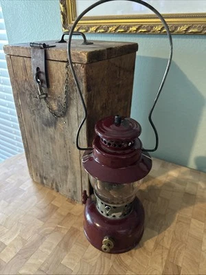 AGM vintage Model 3016  Lantern with Coleman globe & Antique Wooden Gasoline Box - Image 1 of 4