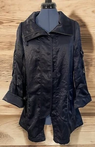 Worth Navy Blue Sateen Full Zip Flip Cuff Roll Tab Sleeve Jacket Cinch Back Sz M - Picture 1 of 13